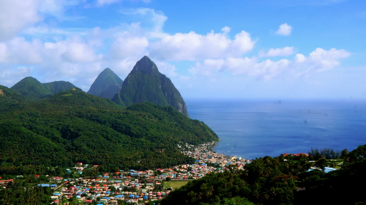 The Pitons rising above the Saint Lucia coastline