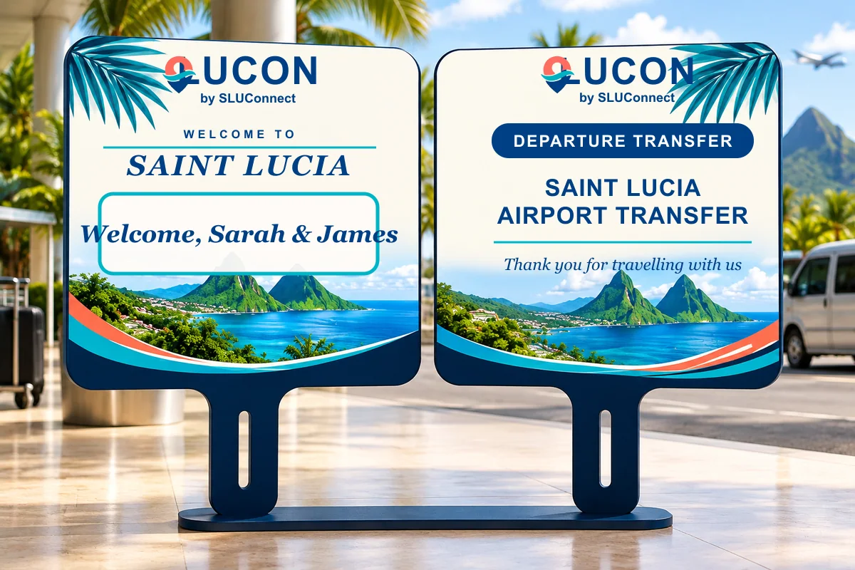 LUCON Saint Lucia airport transfer welcome sign displaying a passenger name